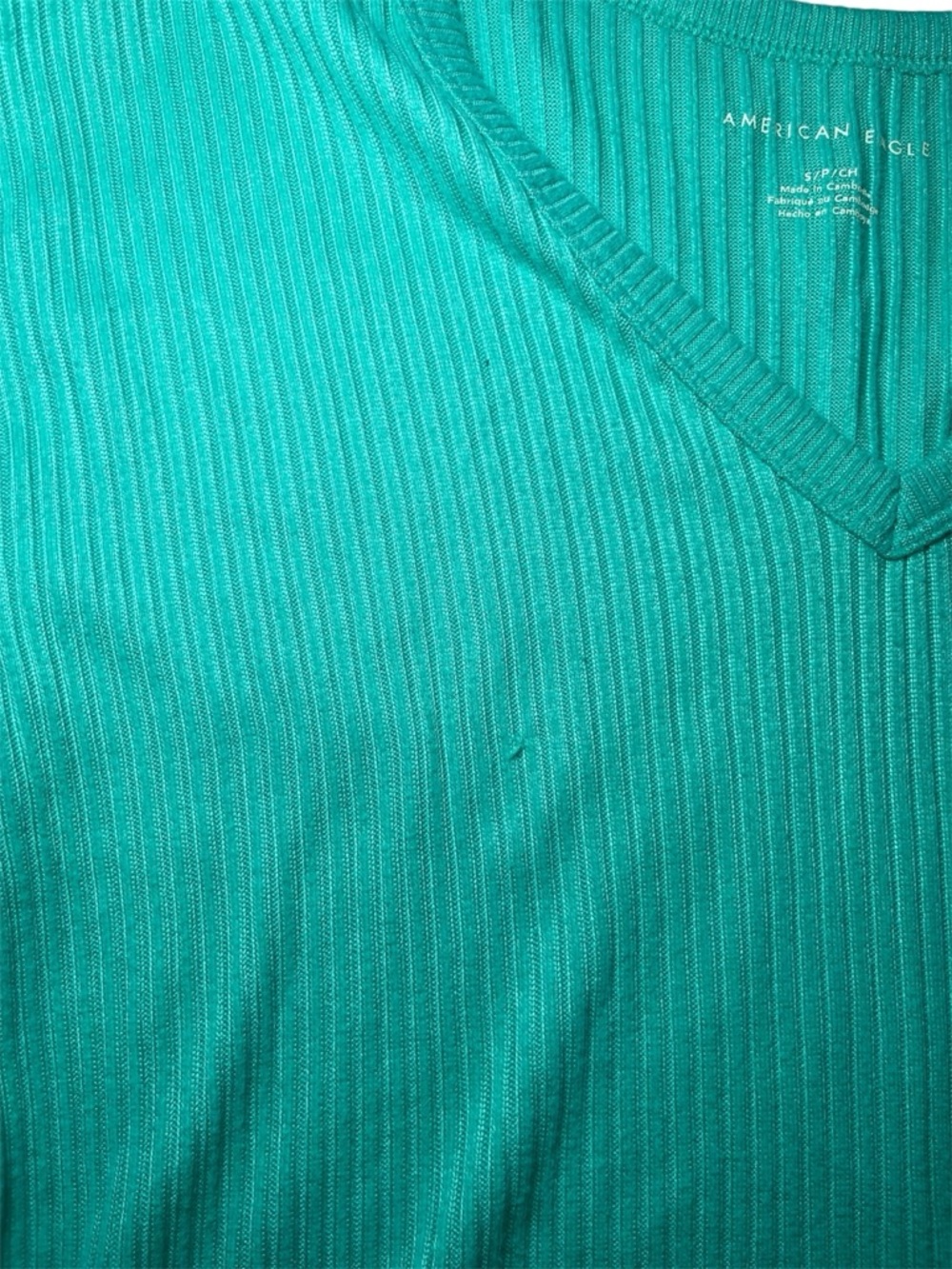 American Eagle V-Neck Plush Long Sleeve Ribbed Top Caribbean Green Size Small - Picture 5 of 12